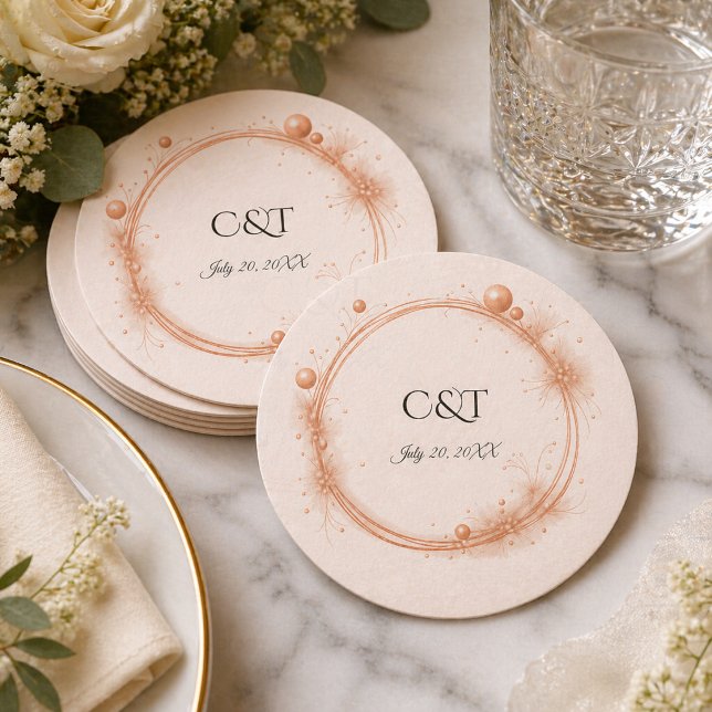 Elegant Peach Sparkle Wedding Script Calligraphy Round Paper Coaster (Creator Uploaded)