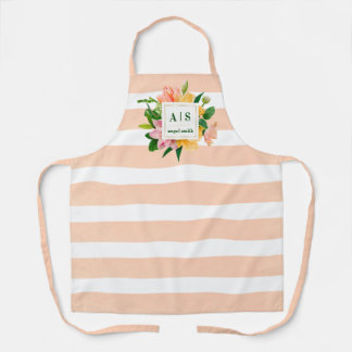 Elegant Peach Striped Floral Monogram Design Apron