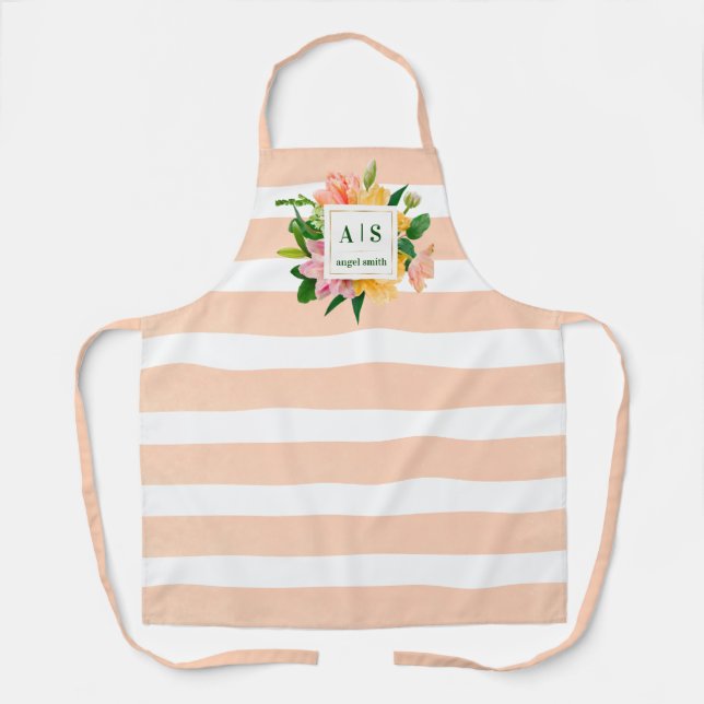 Elegant Peach Striped Floral Monogram Design Apron (Front)