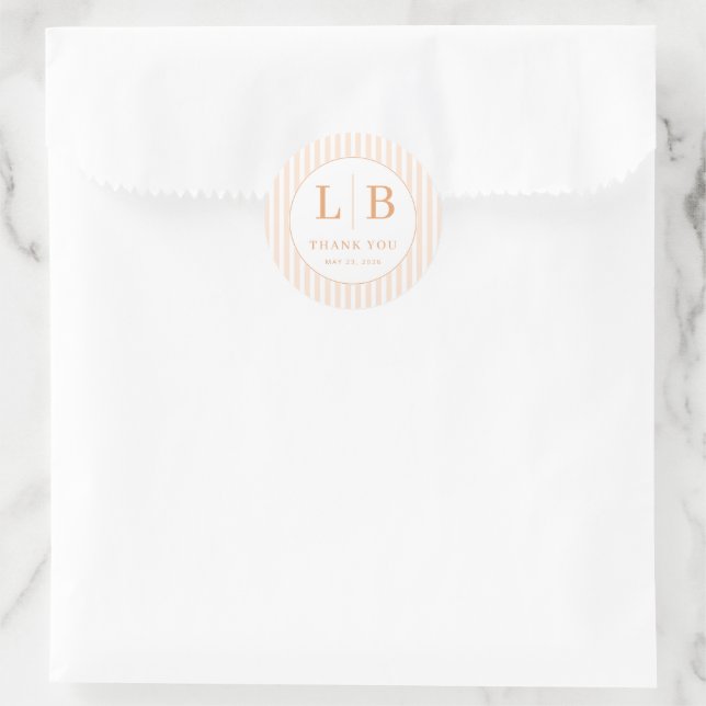 Elegant Peach Stripes and Initials Classic Round Sticker (Bag)