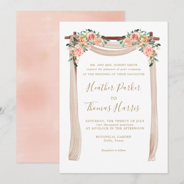 Elegant Peach Watercolor Floral Arch Wedding Invitation (Front/Back)