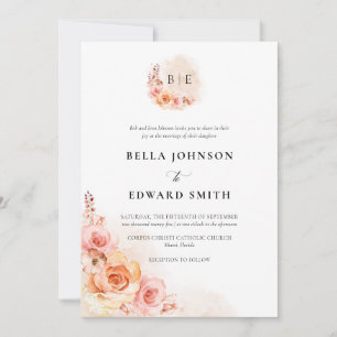 Elegant Peach Watercolor Floral Formal Wedding Invitation