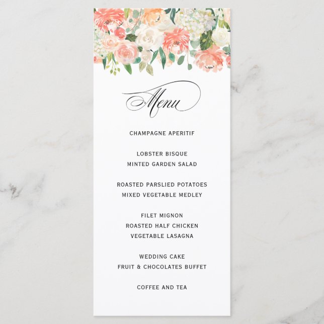 Elegant Peach Watercolor Floral Wedding Menu (Front)