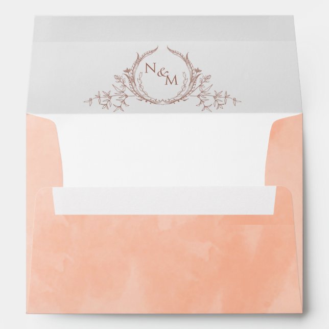 Elegant Peach Watercolor Monogram Wedding Envelope (Back (Bottom))