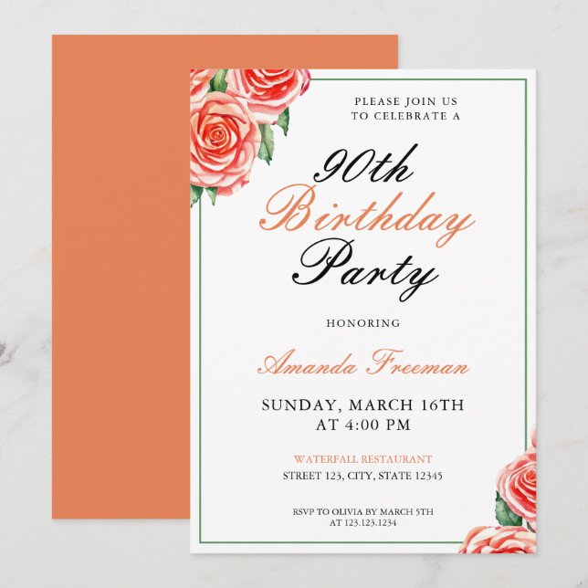 Elegant Peach Watercolor Roses 90th Birthday Invitation (Front/Back)