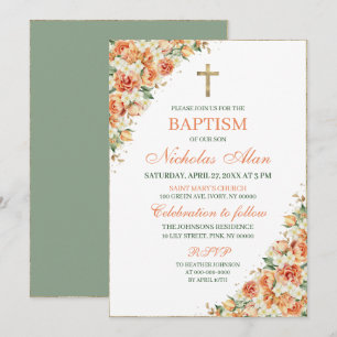 Elegant Peach, White, and Gold Floral Baptism Invitation