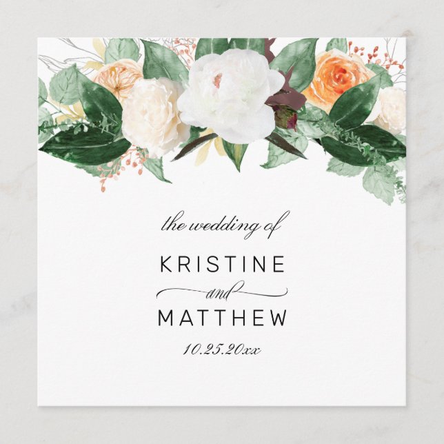 Elegant Peach White Fall Watercolor Floral Wedding Program (Front)
