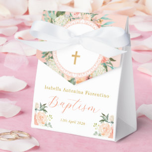 Elegant peach white watercolor floral Baptism girl Favor Box