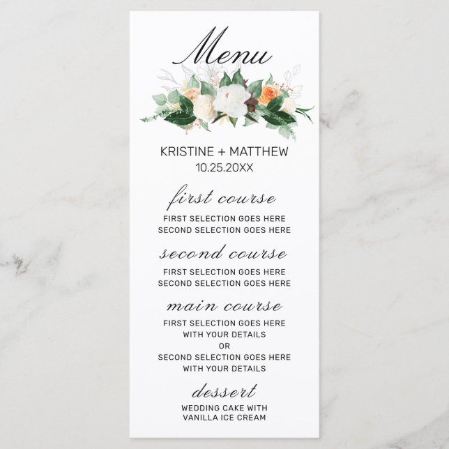 Elegant Peach White Watercolor Floral Fall Wedding Menu (Front)