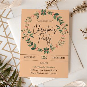 Elegant Peach Wreath Christmas Party Invitation