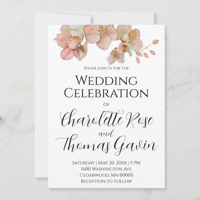 Elegant peachy pink watercolor floral wedding invitation (Front)