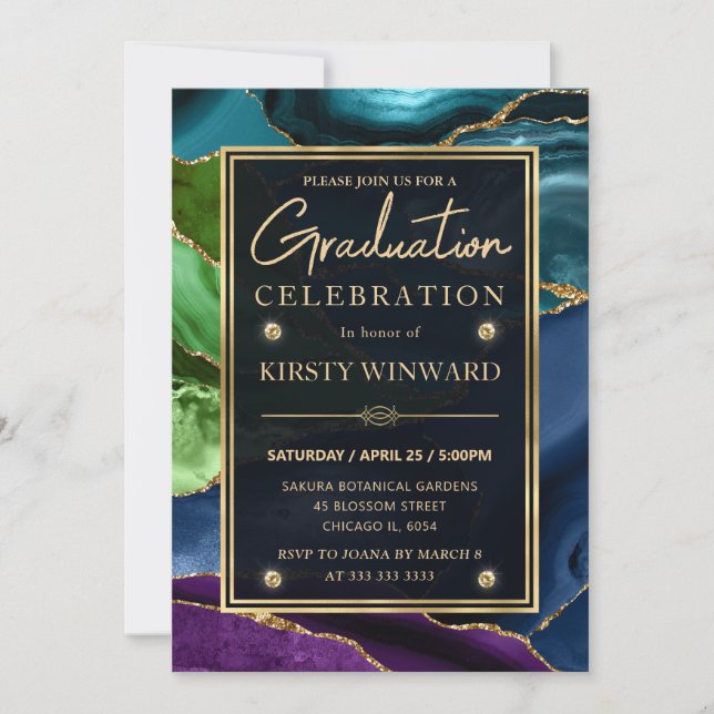 Elegant Peacock Agate Gold Graduation Invitation (Front)