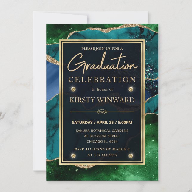 Elegant Peacock Agate Gold Graduation Invitation (Front)