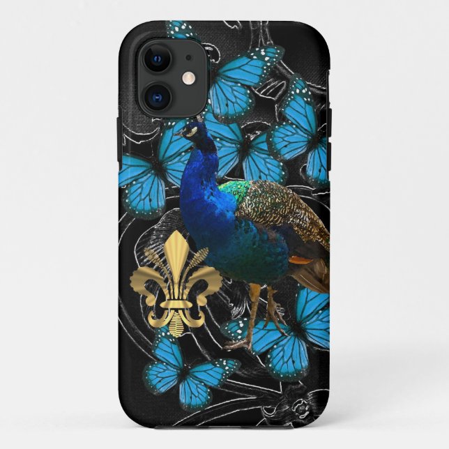 Elegant Peacock and blue butterflies on black Case-Mate iPhone Case (Back)