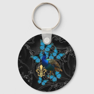 Elegant Peacock and blue butterflies on black Keychain