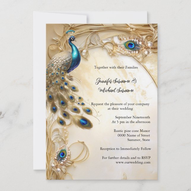 Elegant peacock and feathers vintage elegant chic invitation (Front)