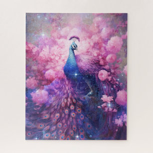 Elegant Peacock and Pink Flowers Jigsaw Puzzle