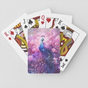Elegant Peacock and Pink Flowers Playing Cards