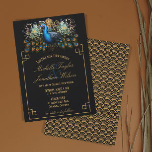Elegant Peacock Art Deco Black and Gold Vintage Invitation