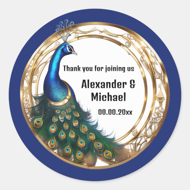 Elegant peacock art nouveau frame thank you classic round sticker (Front)