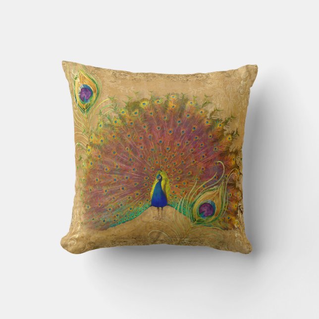 Elegant Peacock Autumn Fall Gold Foil Feathers Throw Pillow (Front)