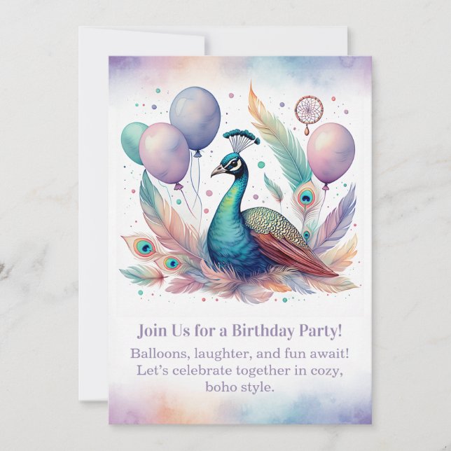 Elegant Peacock Birthday Invitation  Boho  (Devant)