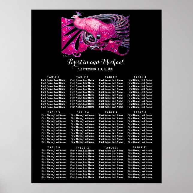 ELEGANT PEACOCK Black Pink Wedding Seating Chart (Front)