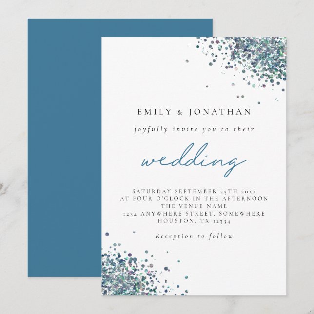 Elegant Peacock Blue Glitter Wedding Invitation (Front/Back)