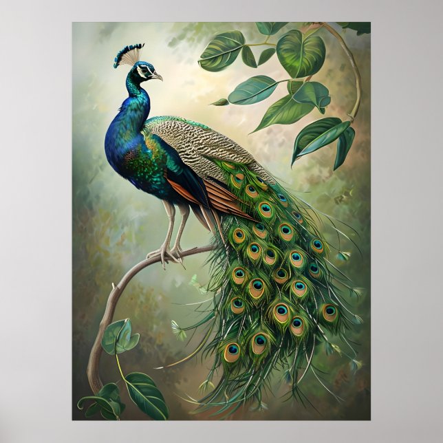 Elegant Peacock Botanical Wall Art Print (Front)