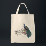 Elegant Peacock Bride Squad Tote Bag<br><div class="desc">This Elegant Peacock Bride Squad Tote Bag features a hand-drawn blue and teal peacock perched on Magnolia branches in full bloom in black ink and the title "Bride Squad". Personalize with your city and date by clicking on "Personalize this template" on the product page.</div>