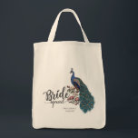 Elegant Peacock Bride Squad Tote Bag<br><div class="desc">This Elegant Peacock Bride Squad Tote Bag features a hand-drawn blue and teal peacock perched on Magnolia branches in full bloom in black ink and the title "Bride Squad". Personalize with your city and date by clicking on "Personalize this template" on the product page.</div>