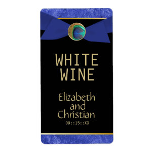 Elegant Peacock Button & Bow Wedding Wine Labels