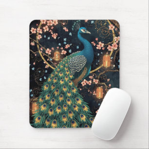 Elegant Peacock Cherry Blossom Art Mouse Pad