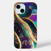 Elegant Peacock Colour Gold Vein Marble Monogramme