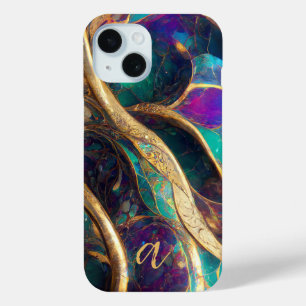 Elegant Peacock Colour Gold Vein Marble Monogramme iPhone 15 Case