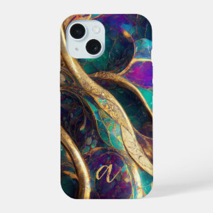 Elegant Peacock Colour Gold Vein Marble Monogramme iPhone 15 Case