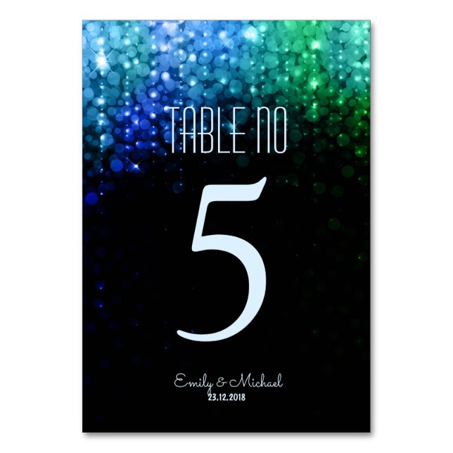 Elegant peacock colour lights bokeh table number (Front)