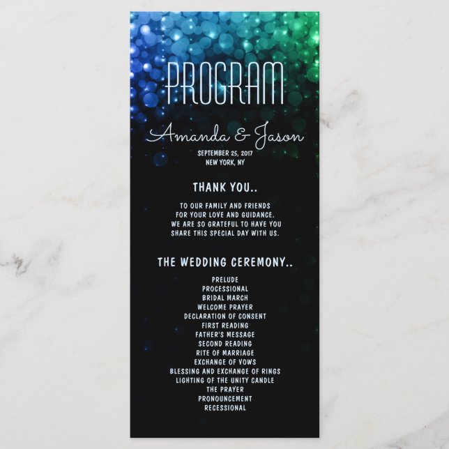 Elegant peacock colour lights bokeh wedding progra program (Front)