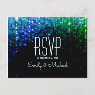 Elegant peacock colour lights bokeh wedding RSVP Invitation Postcard