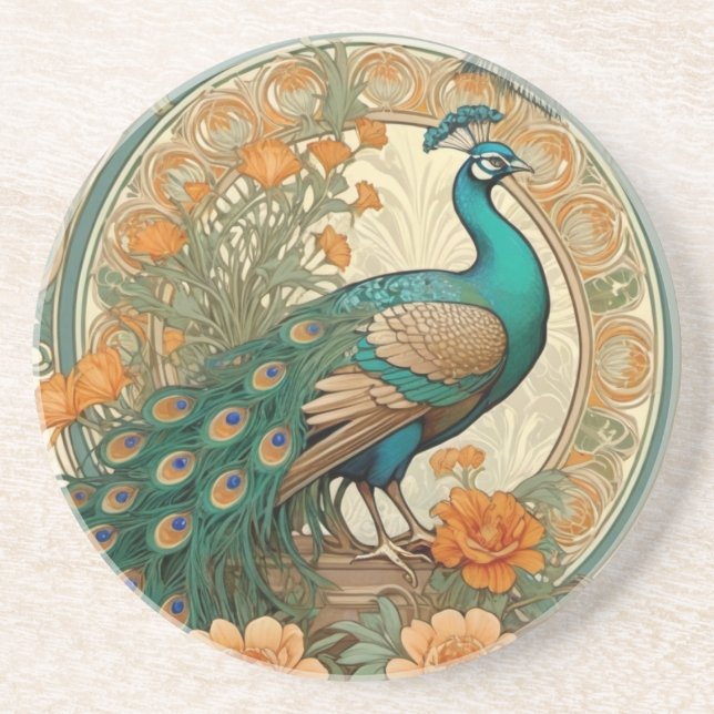 Elegant Peacock Decorative Ceramic Tile Coaster (Front)