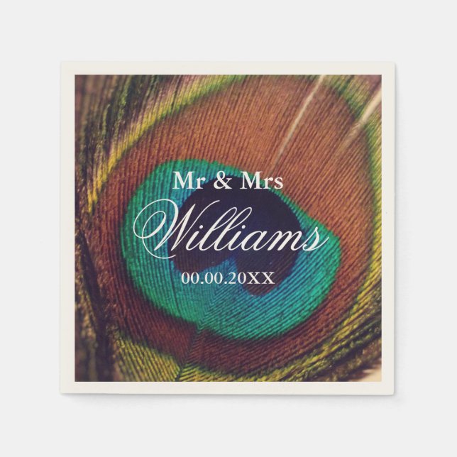 Elegant peacock feather custom chic wedding party napkin (Front)