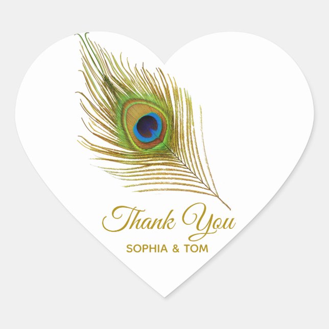 Elegant peacock feather golden Thank You Heart Sticker (Front)