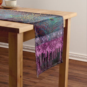Elegant Peacock Feather Purple Damask Gold Glitter Long Table Runner