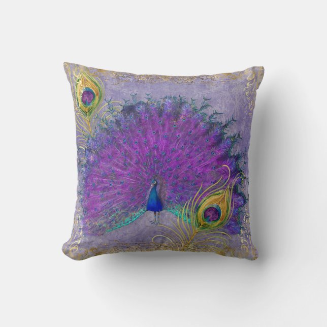 Elegant Peacock Feather Purple Gold Foil Scrolls Throw Pillow (Front)