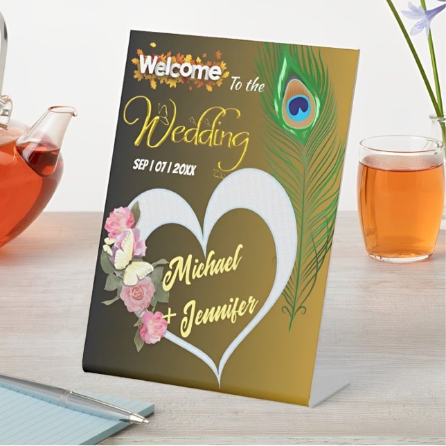 Elegant Peacock Feather & Rose Custom Wedding  Pedestal Sign (Creator Uploaded)