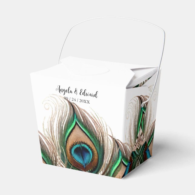 Elegant Peacock Feather Wedding Favour Box (Front Side)