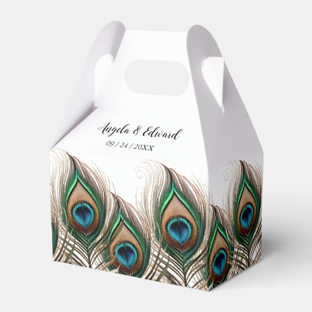 Elegant Peacock Feather Wedding Favour Box (Front Side)