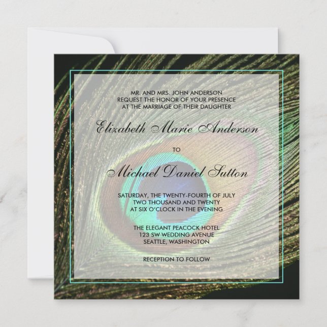 Elegant Peacock Feather Wedding Invitation (Front)