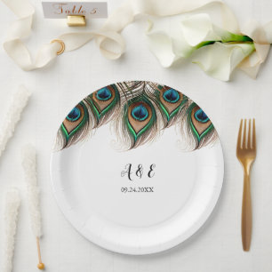 Elegant Peacock Feather Wedding Paper Plate
