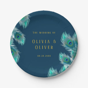 Elegant Peacock Feathers and Gold Wedding Paper Plate